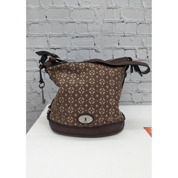 Fossil Maddox Jacquard Brown Geometric Pattern Leather Bucket Bag - Picture 16 of 16